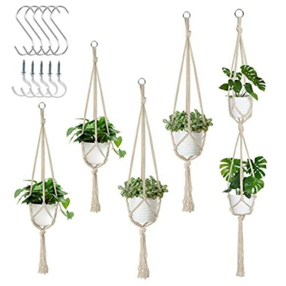 5 Pack Macrame Plant Hangers, Indoor Hanging Plant Holder with S Hooks and Hook